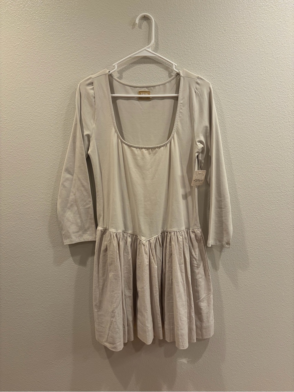 Free People Cream Long Sleeve Scoop Neck Babydoll Top